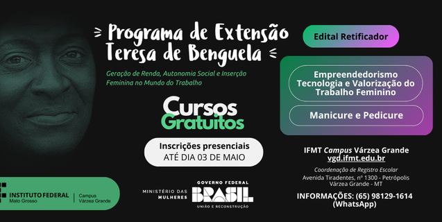 Prorrogadas inscrições para os cursos do Projeto Teresa de Benguela oferecidos pelo IFMT Várzea Grande