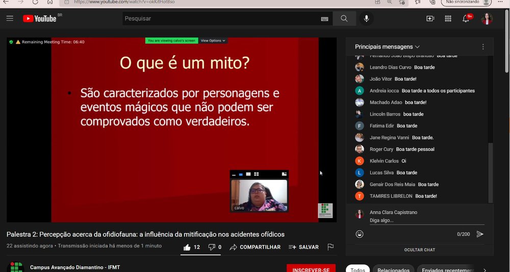 Palestra 2: Percepção acerca da ofidiofauna: a influência da mitificação nos acidentes ofídicos / Reprodução V JENPEX IFMT - DMT